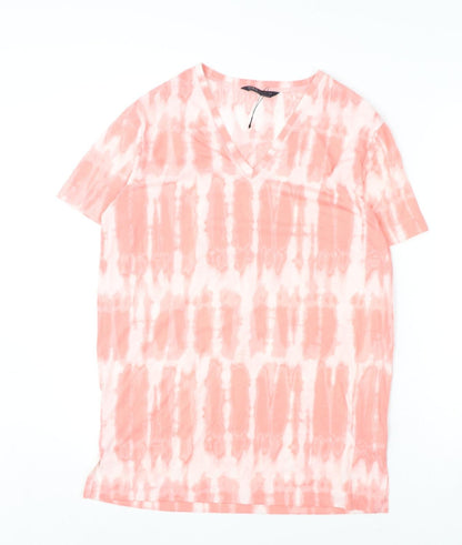 Marks and Spencer Womens Pink Geometric Polyester Basic T-Shirt Size 8 V-Neck - Tie Dye