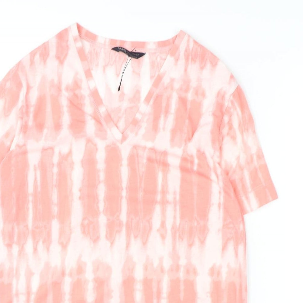 Marks and Spencer Womens Pink Geometric Polyester Basic T-Shirt Size 8 V-Neck - Tie Dye
