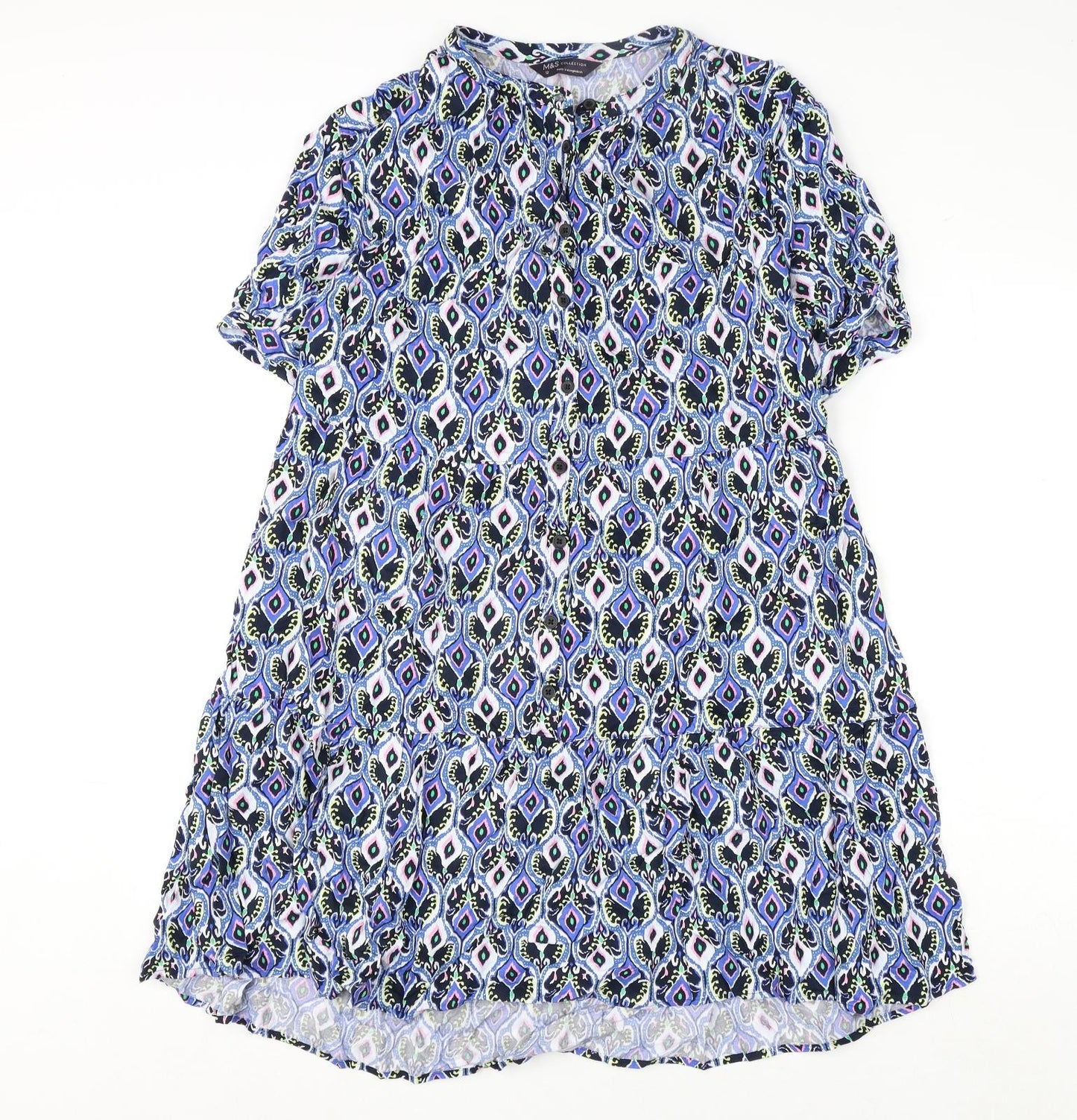 Marks and Spencer Womens Multicoloured Geometric Viscose A-Line Size 12 V-Neck Button