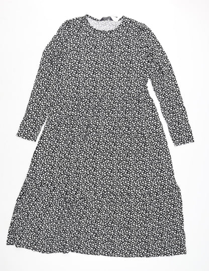 Marks and Spencer Womens Black Geometric Viscose A-Line Size 10 Round Neck Pullover - Star and Heart Print