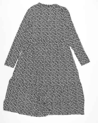 Marks and Spencer Womens Black Geometric Viscose A-Line Size 10 Round Neck Pullover - Star and Heart Print
