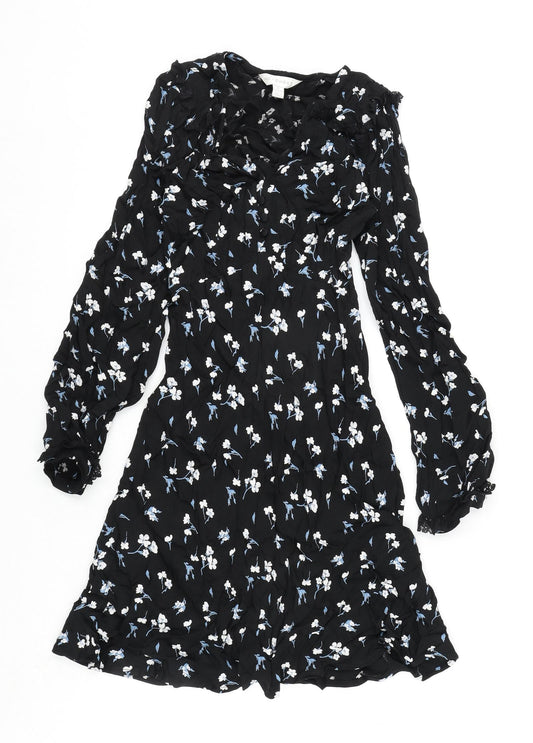 Marks and Spencer Womens Black Floral Viscose A-Line Size 6 V-Neck Zip - Ghost, Lace Detail