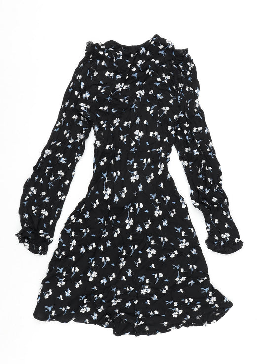 Marks and Spencer Womens Black Floral Viscose A-Line Size 6 V-Neck Zip - Ghost, Lace Detail