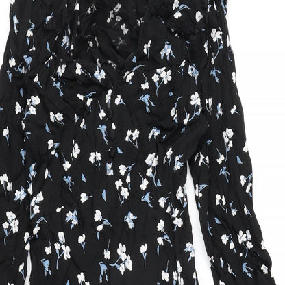 Marks and Spencer Womens Black Floral Viscose A-Line Size 6 V-Neck Zip - Ghost, Lace Detail