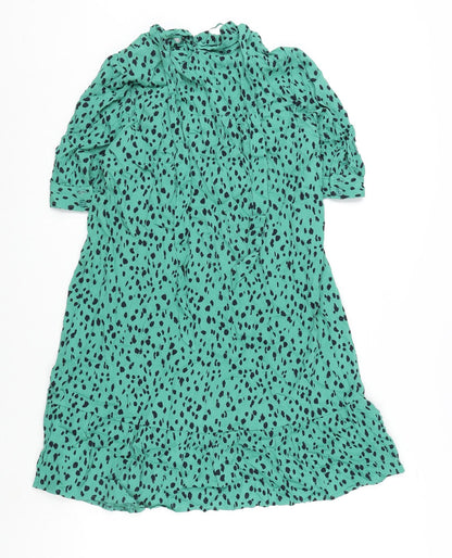 Marks and Spencer Womens Green Geometric Viscose A-Line Size 8 Round Neck Button - Tie Detail