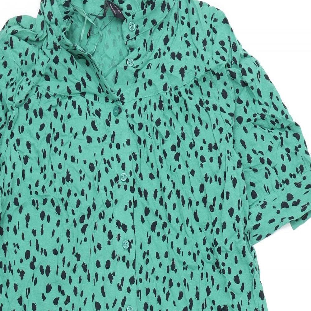 Marks and Spencer Womens Green Geometric Viscose A-Line Size 8 Round Neck Button - Tie Detail