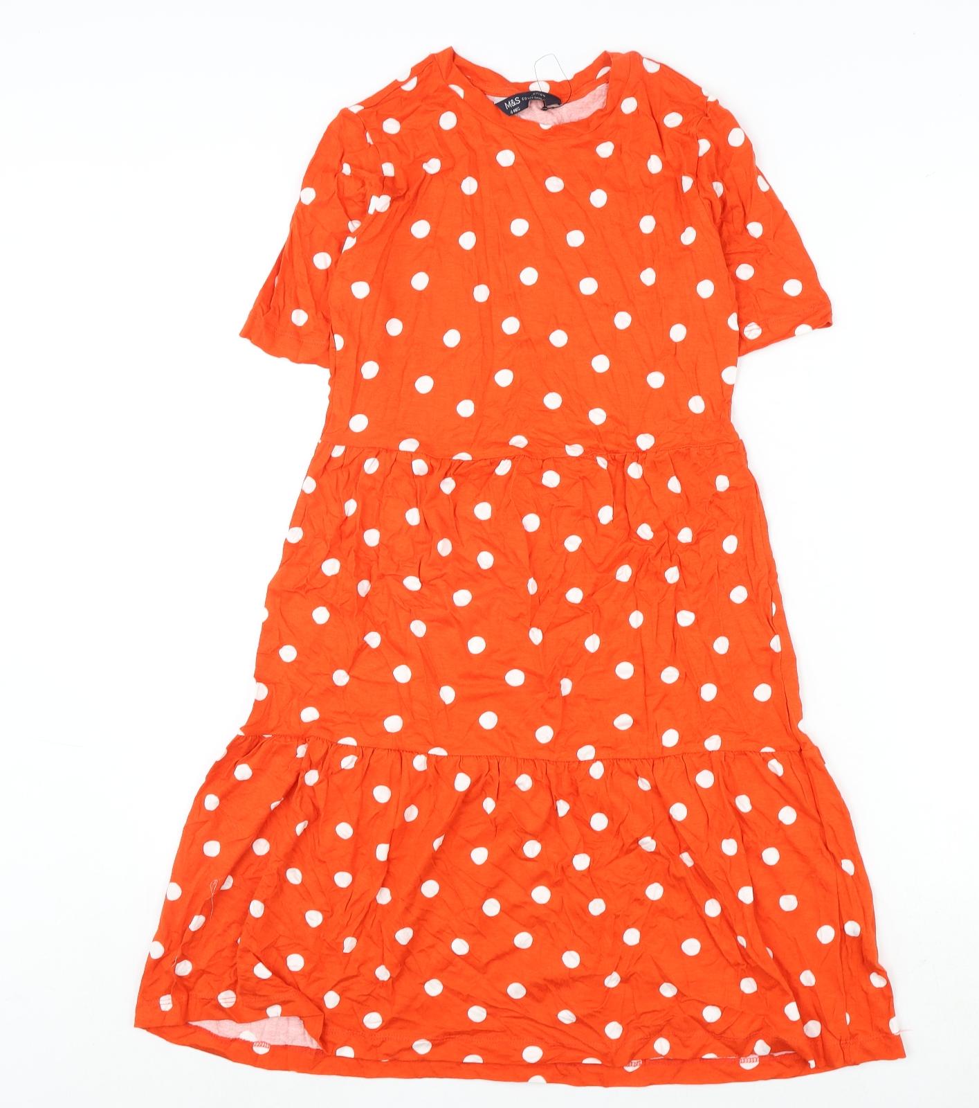 Marks and Spencer Womens Orange Polka Dot Viscose A-Line Size 6 Round Neck Pullover