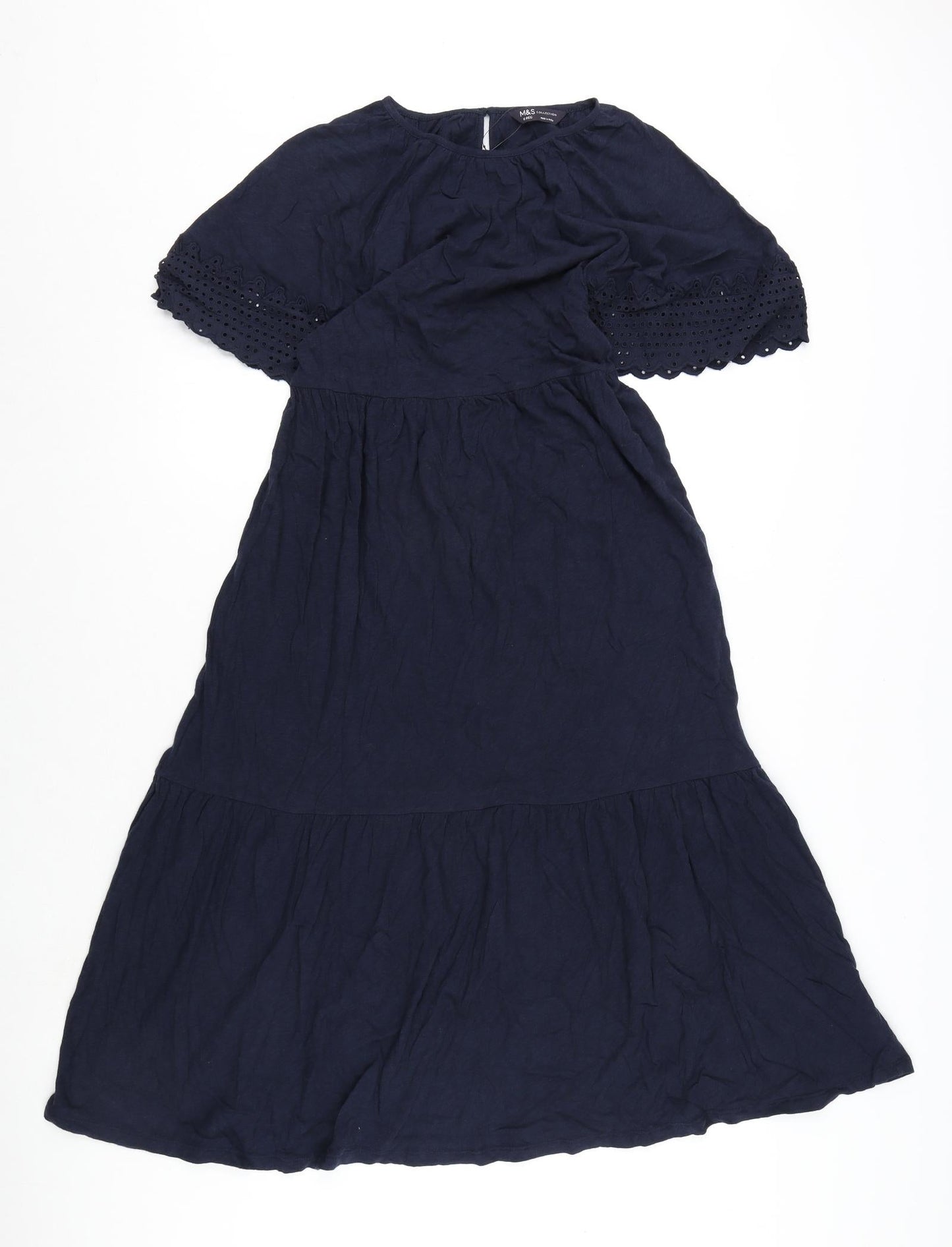 Marks and Spencer Womens Blue Cotton A-Line Size 6 Round Neck Button - Embroidery