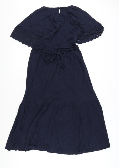 Marks and Spencer Womens Blue Cotton A-Line Size 6 Round Neck Button - Embroidery