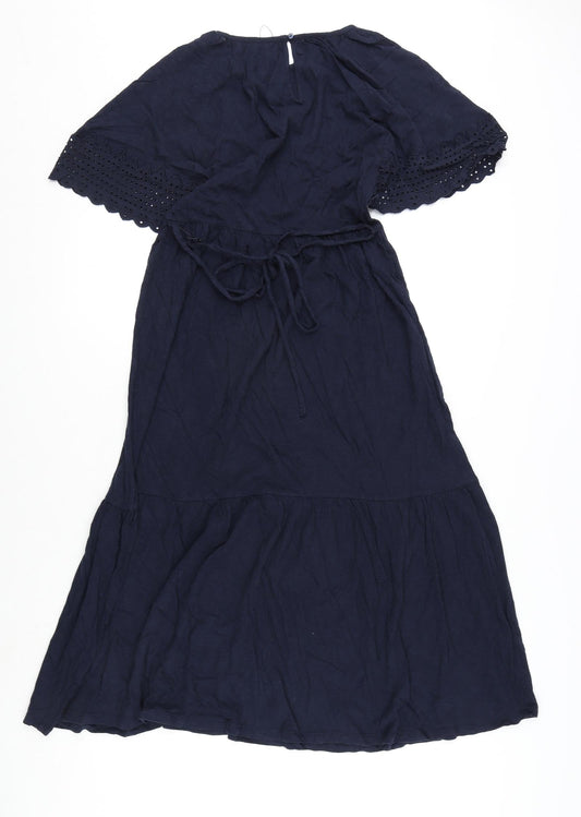 Marks and Spencer Womens Blue Cotton A-Line Size 6 Round Neck Button - Embroidery