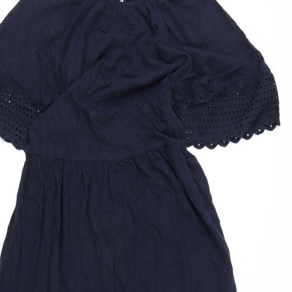Marks and Spencer Womens Blue Cotton A-Line Size 6 Round Neck Button - Embroidery