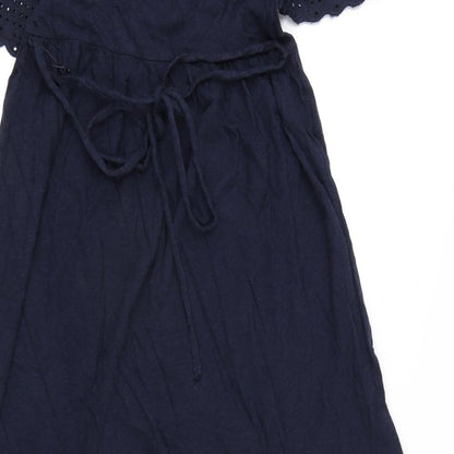 Marks and Spencer Womens Blue Cotton A-Line Size 6 Round Neck Button - Embroidery