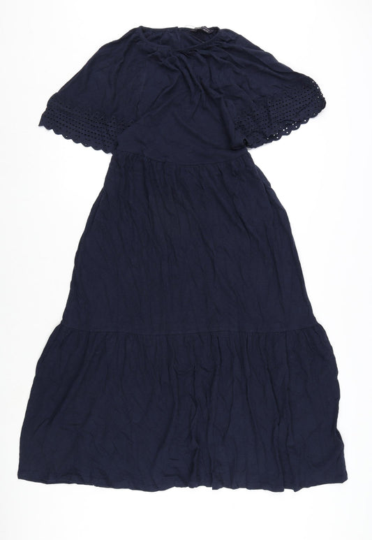 Marks and Spencer Womens Blue Cotton A-Line Size 6 Round Neck Button - Embroidery