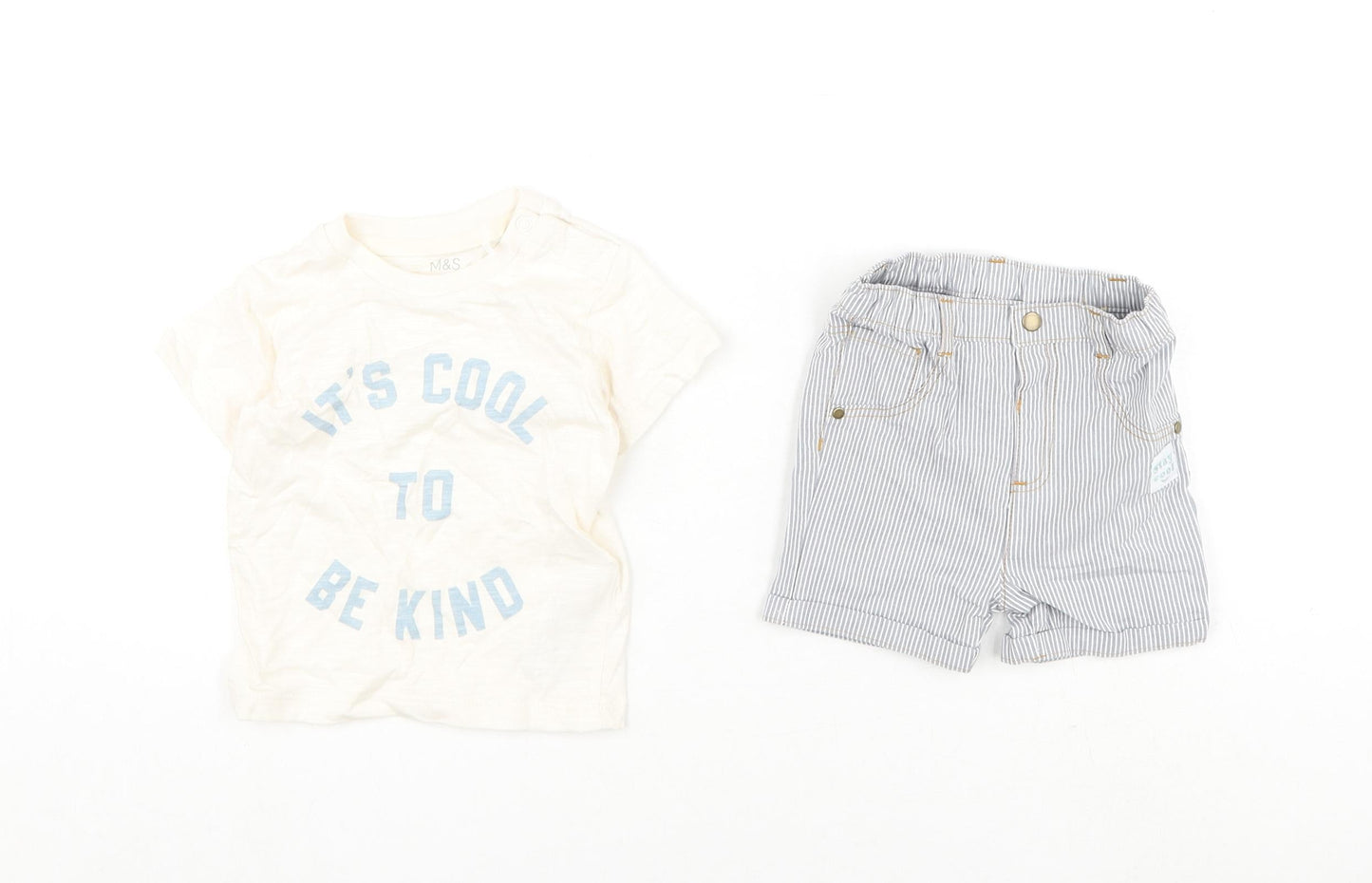 Marks and Spencer Baby Multicoloured Striped Cotton Shorts Set Outfit/Set Size 6-9 Months Snap - It's Cool To Be Kind