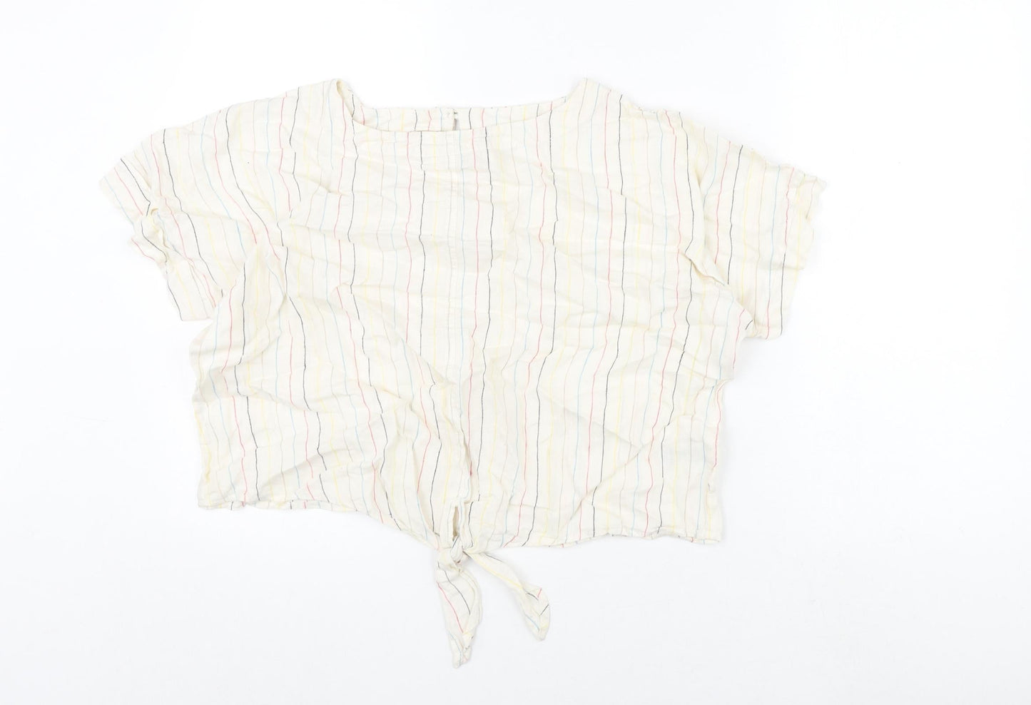Marks and Spencer Womens Beige Striped Linen Cropped Blouse Size 16 Round Neck - Tie Detail
