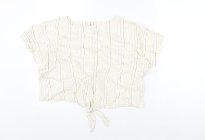 Marks and Spencer Womens Beige Striped Linen Cropped Blouse Size 16 Round Neck - Tie Detail