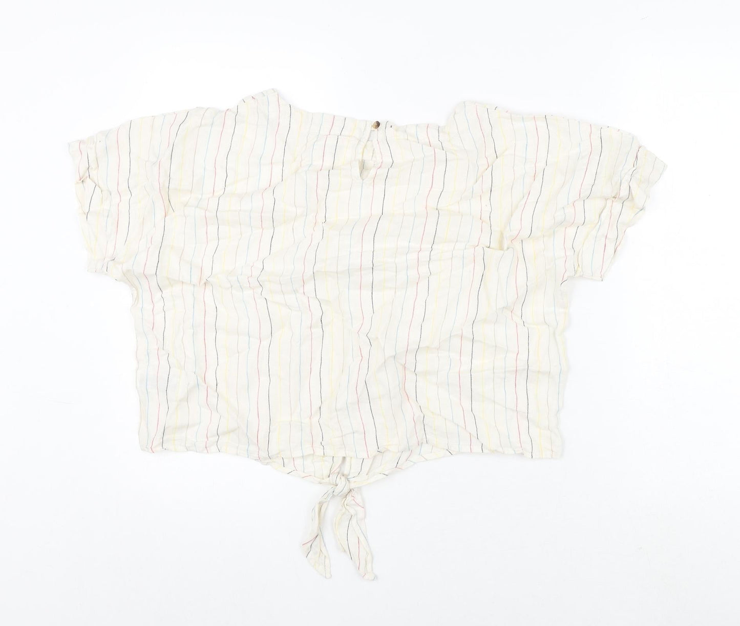Marks and Spencer Womens Beige Striped Linen Cropped Blouse Size 16 Round Neck - Tie Detail