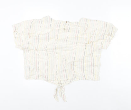 Marks and Spencer Womens Beige Striped Linen Cropped Blouse Size 16 Round Neck - Tie Detail
