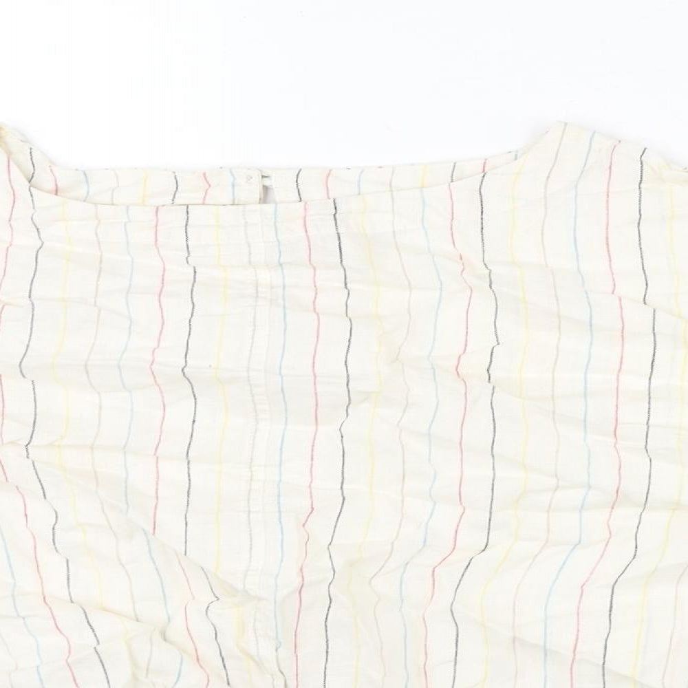 Marks and Spencer Womens Beige Striped Linen Cropped Blouse Size 16 Round Neck - Tie Detail