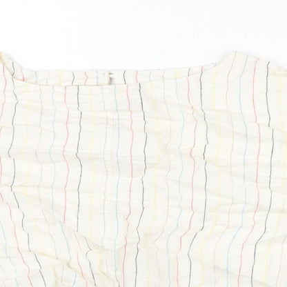 Marks and Spencer Womens Beige Striped Linen Cropped Blouse Size 16 Round Neck - Tie Detail
