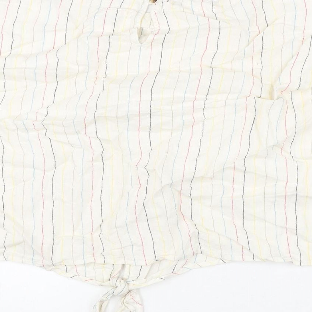 Marks and Spencer Womens Beige Striped Linen Cropped Blouse Size 16 Round Neck - Tie Detail