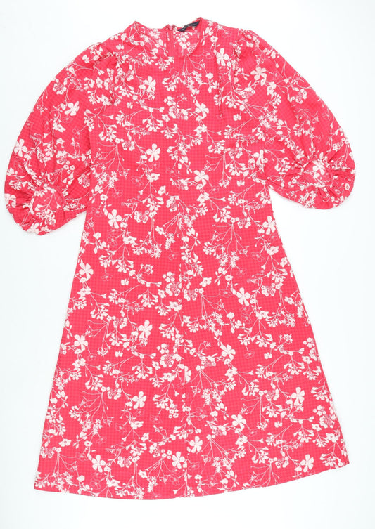 Marks and Spencer Womens Pink Floral Polyester A-Line Size 12 Round Neck Zip