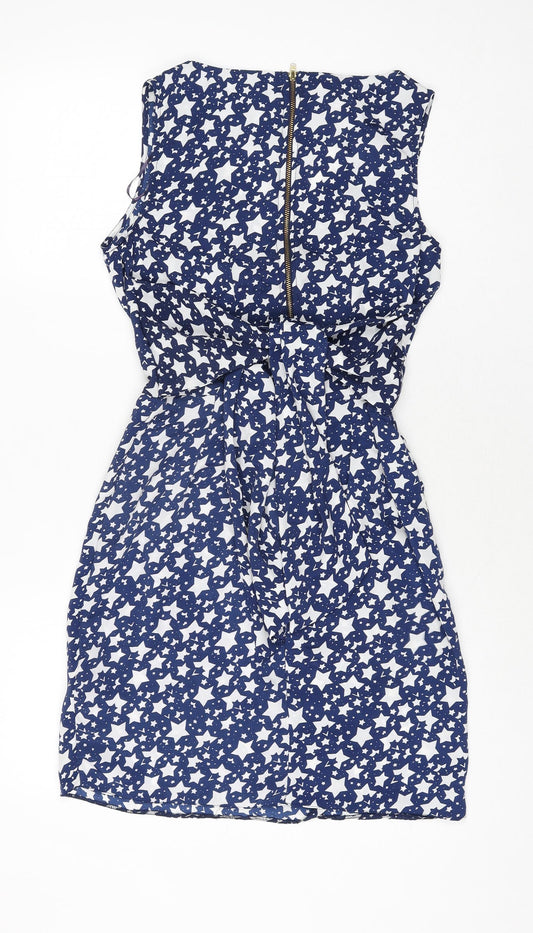 Closet Womens Blue Geometric Polyester Shift Size 8 V-Neck Zip - Star Print Belted