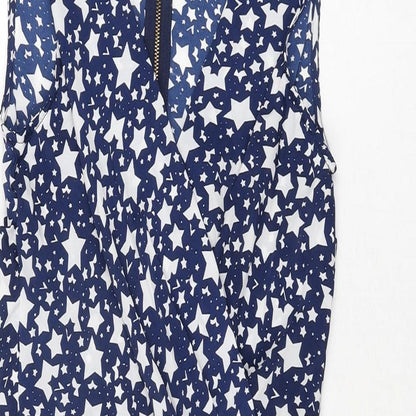 Closet Womens Blue Geometric Polyester Shift Size 8 V-Neck Zip - Star Print Belted