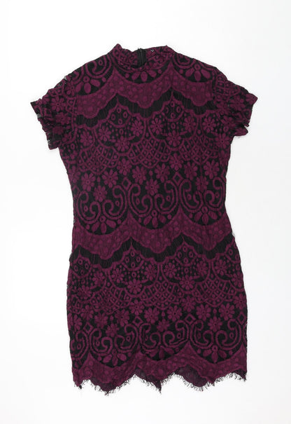 Boohoo Womens Purple Geometric Cotton Bodycon Size 14 Mock Neck Zip