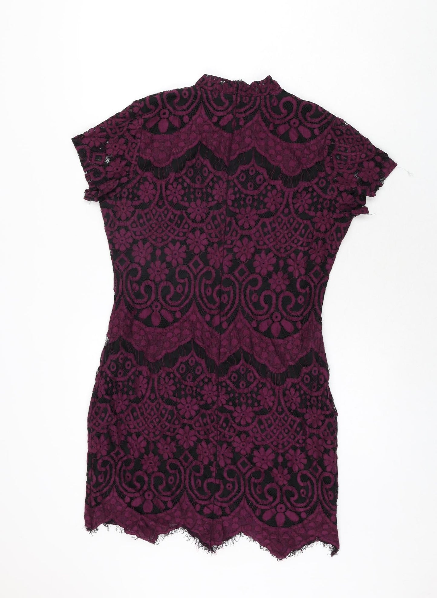 Boohoo Womens Purple Geometric Cotton Bodycon Size 14 Mock Neck Zip