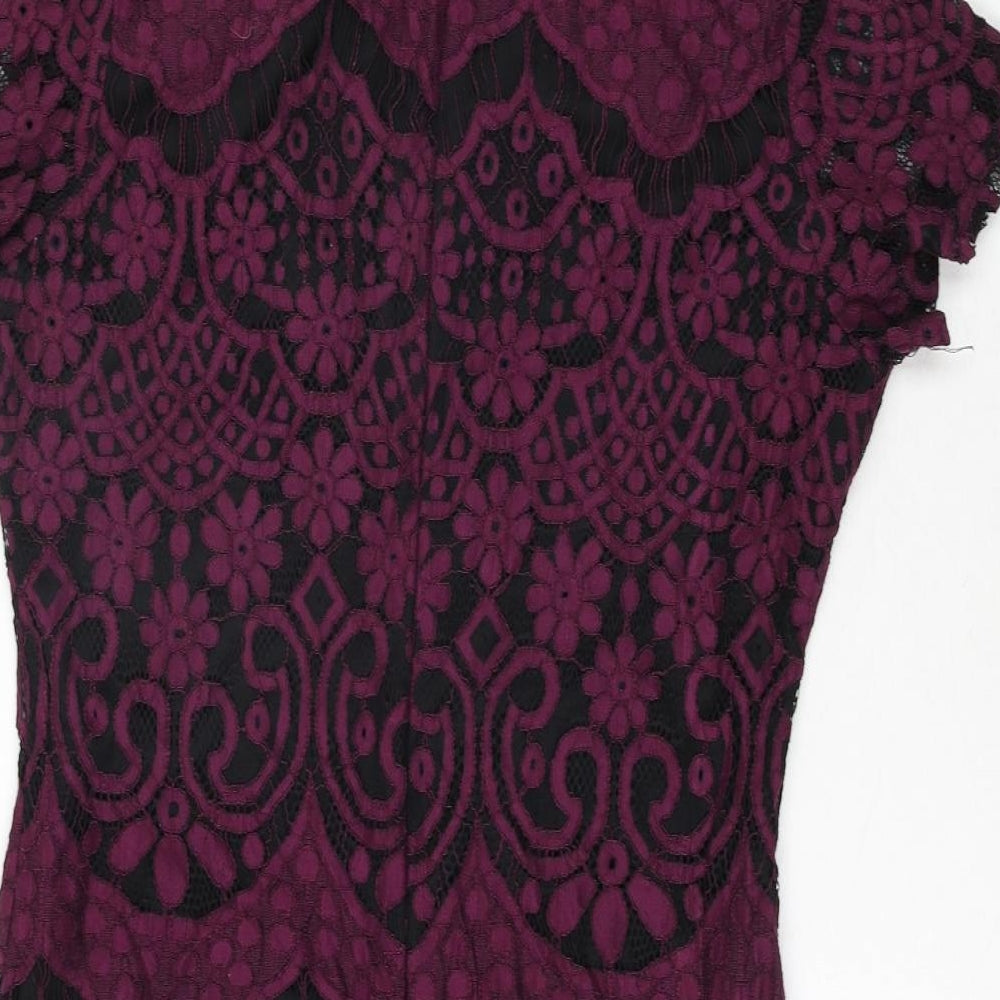Boohoo Womens Purple Geometric Cotton Bodycon Size 14 Mock Neck Zip