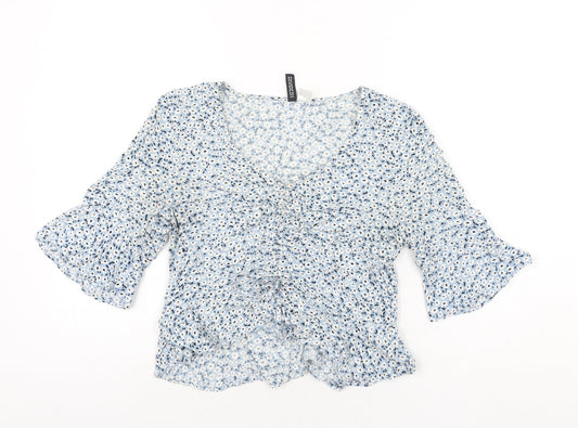 Divided by H&M Womens Blue Floral Viscose Cropped Blouse Size 6 V-Neck - Drawstring Detail