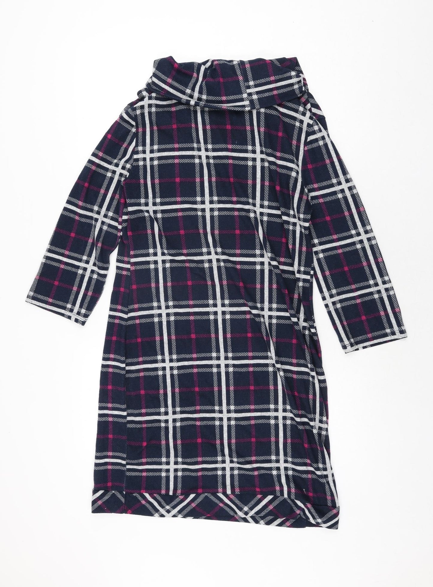 Apricot Womens Blue Check Polyester Jumper Dress Size 12 Roll Neck Pullover
