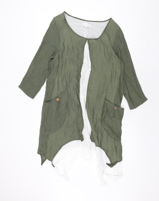 Apricot Womens Green Linen Shift Size 10 Round Neck Pullover - Layered