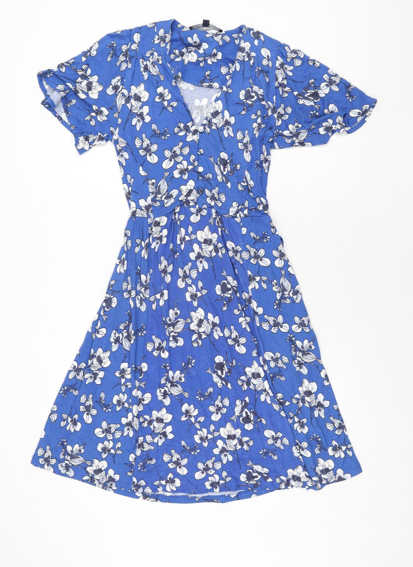 French Connection Womens Blue Floral Viscose Shift Size 6 V-Neck Button - Belted
