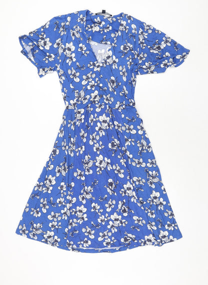 French Connection Womens Blue Floral Viscose Shift Size 6 V-Neck Button - Belted