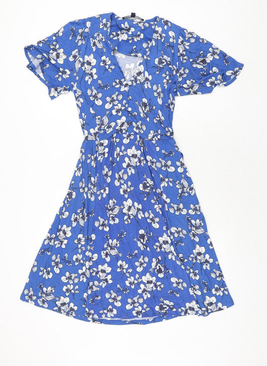 French Connection Womens Blue Floral Viscose Shift Size 6 V-Neck Button - Belted