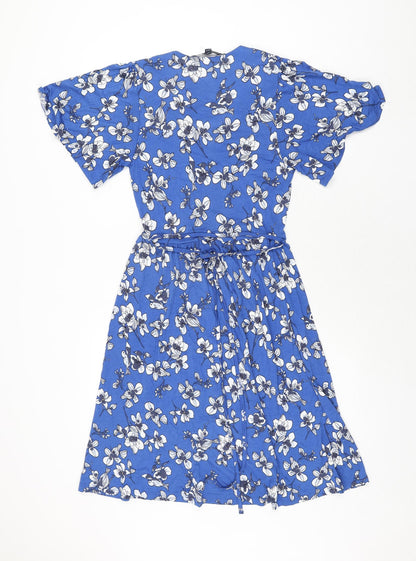 French Connection Womens Blue Floral Viscose Shift Size 6 V-Neck Button - Belted