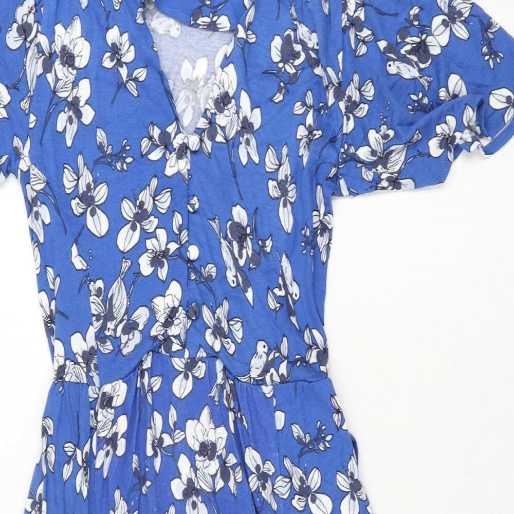 French Connection Womens Blue Floral Viscose Shift Size 6 V-Neck Button - Belted