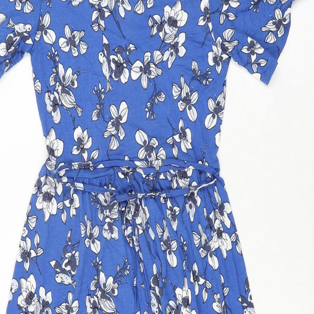French Connection Womens Blue Floral Viscose Shift Size 6 V-Neck Button - Belted