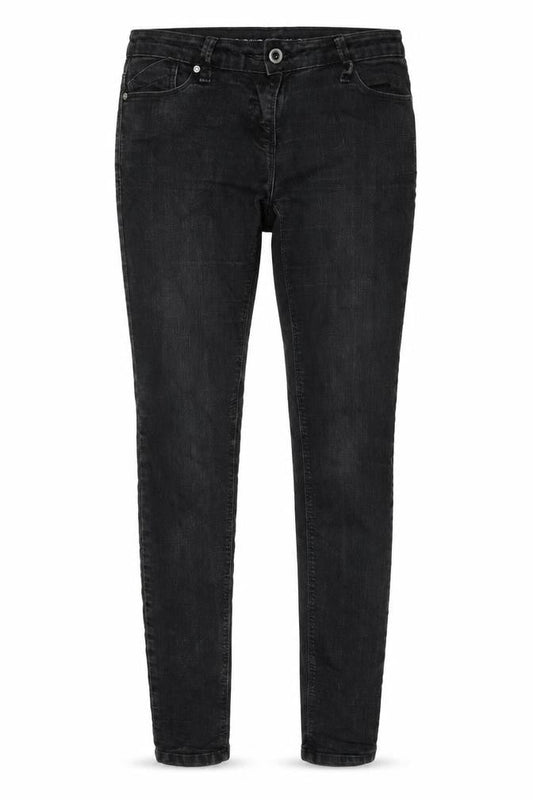Front view of Denim & Co. women’s black cotton tapered jeans, size UK 10, 32-inch leg regular zip