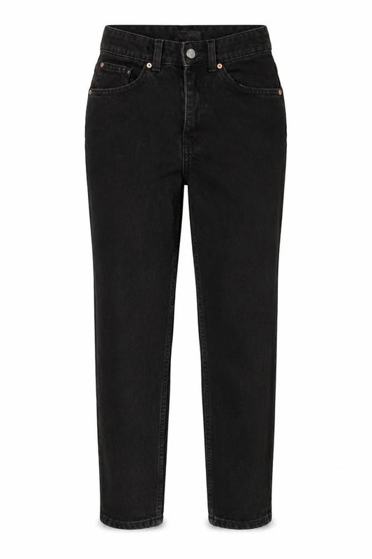 Front view of Denim & Co. women’s black cotton tapered jeans, size UK 8, 27-inch leg regular zip