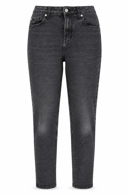 Front view of Denim & Co. women’s grey cotton tapered jeans, size UK 10, 28-inch leg regular zip