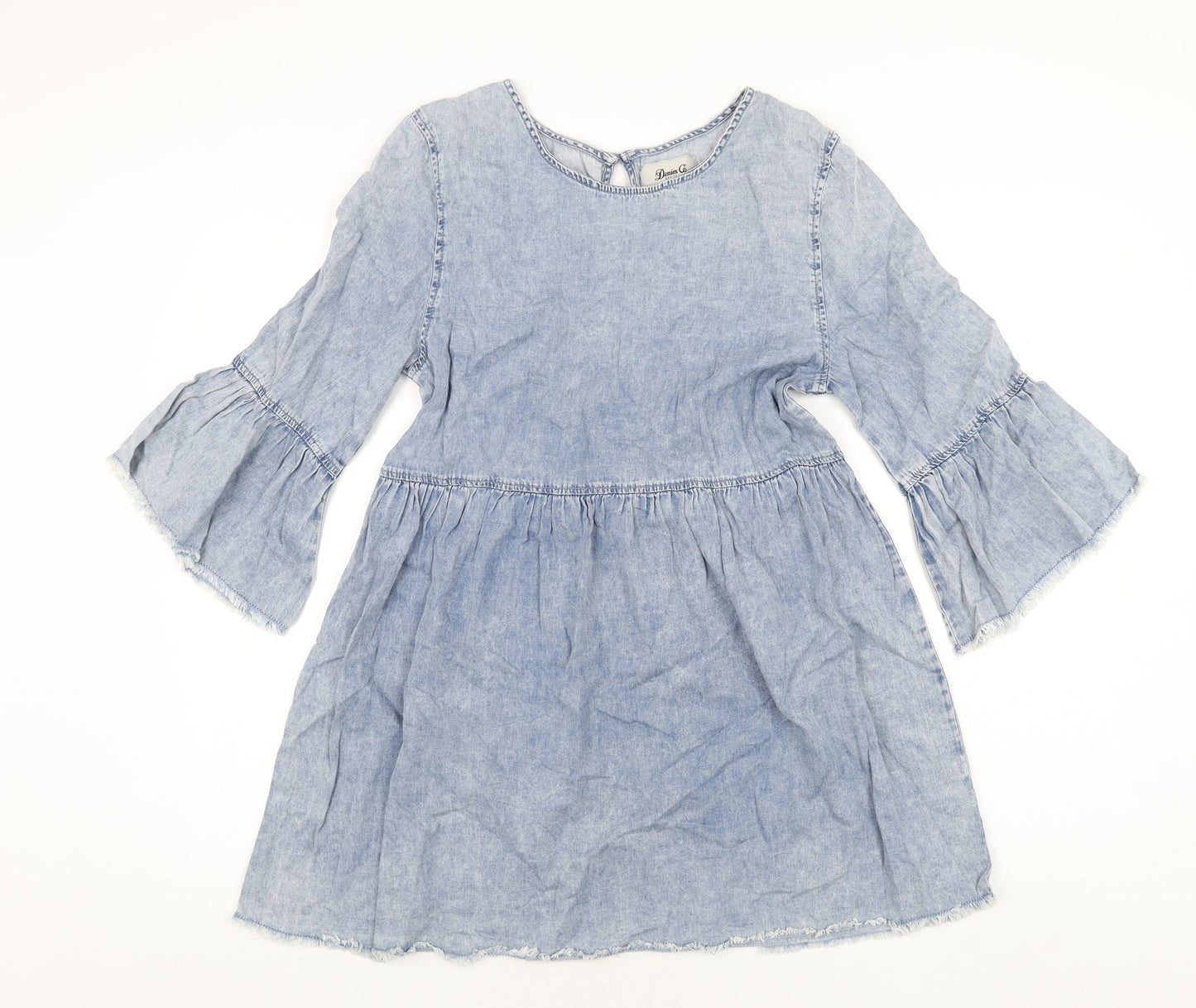 Denim & Co. Womens Blue Cotton A-Line Size 12 Round Neck Button - Raw Hems