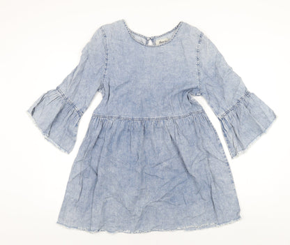 Denim & Co. Womens Blue Cotton A-Line Size 12 Round Neck Button - Raw Hems