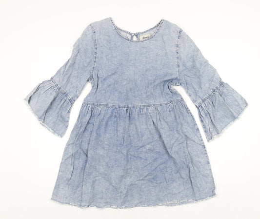 Denim & Co. Womens Blue Cotton A-Line Size 12 Round Neck Button - Raw Hems