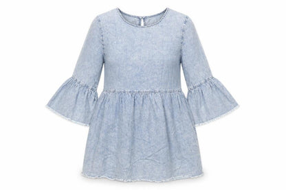 Denim & Co. Womens Blue Cotton A-Line Size 12 Round Neck Button - Raw Hems
