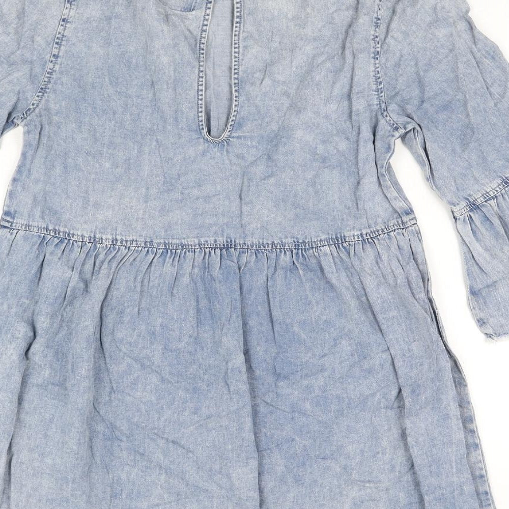 Denim & Co. Womens Blue Cotton A-Line Size 12 Round Neck Button - Raw Hems