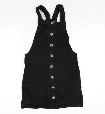 Denim & Co. Womens Black Cotton Pinafore/Dungaree Dress Size 6 Square Neck Button