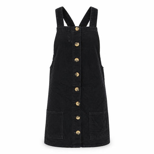 Front view of Denim & Co. women’s black cotton pinafore/dungaree dress, size UK 6, square neck button